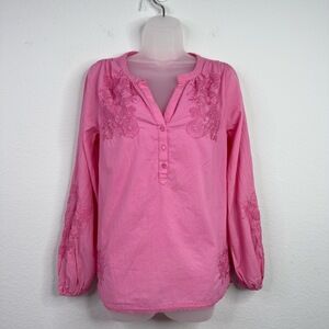 Gold Hawk Shirt Women XS Pink Floral Embroidered Boho Peasant Gypsy Romantic‎